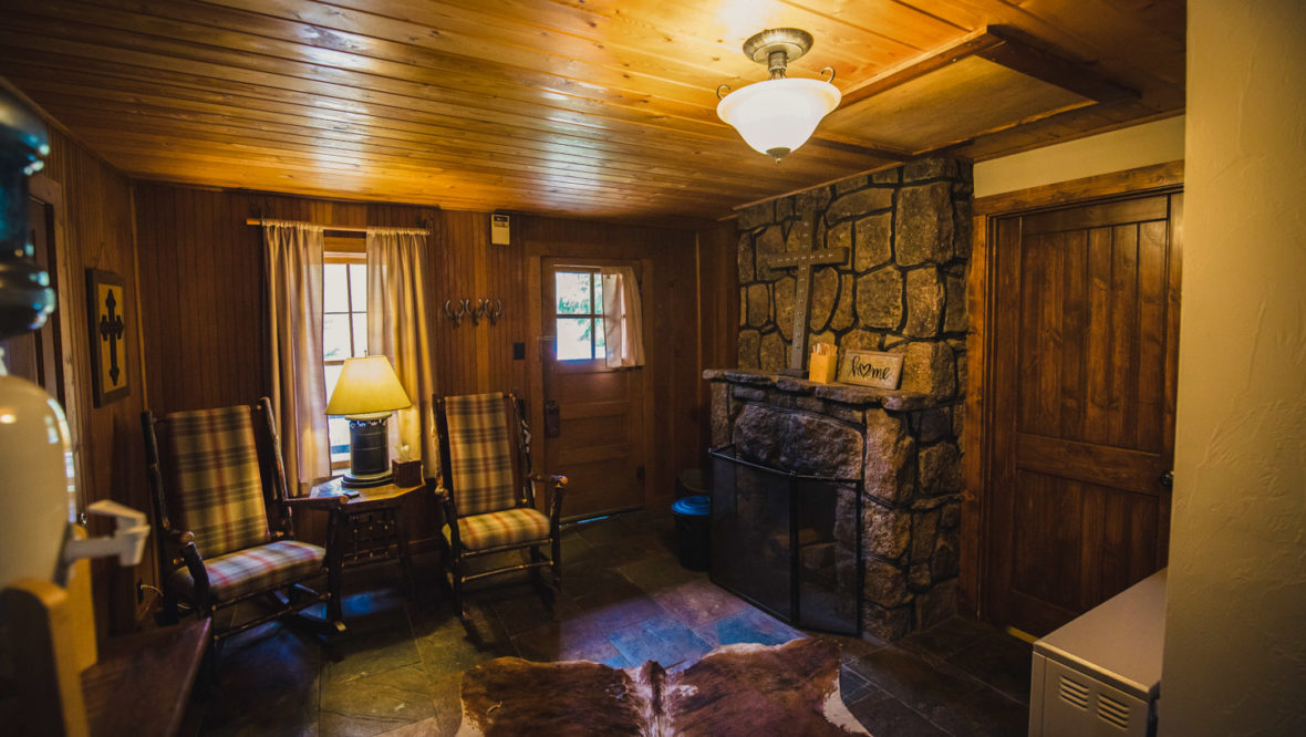 Ponderosa cabin living area and fireplace.